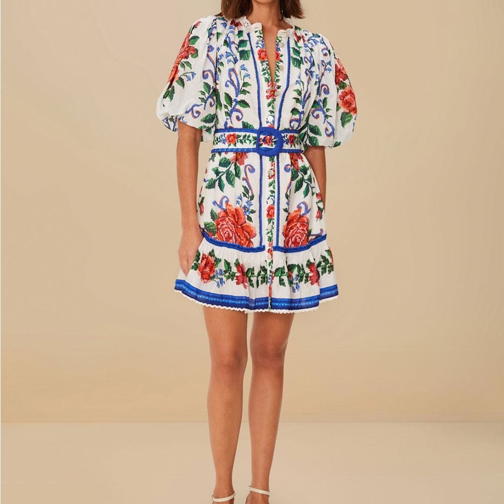 FARM Rio Off White Flower Tapestry Mini Dress - NWT - Picture 2 of 8